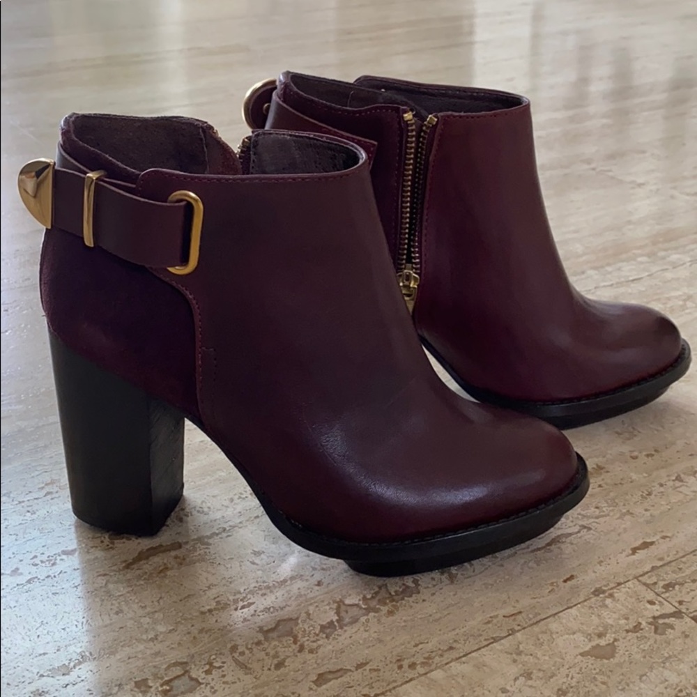 Topshop Burgundy Leather Block Heel Ankle Boots